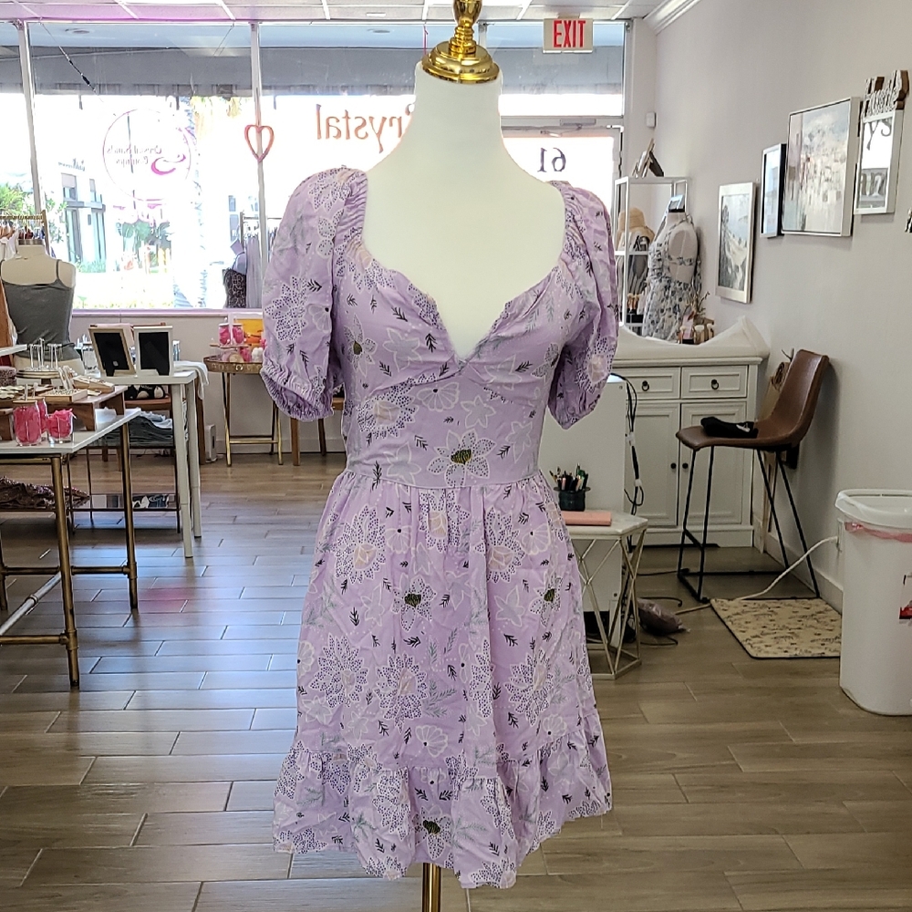 Angie Lavender Floral Puff-Sleeve Mini Dress